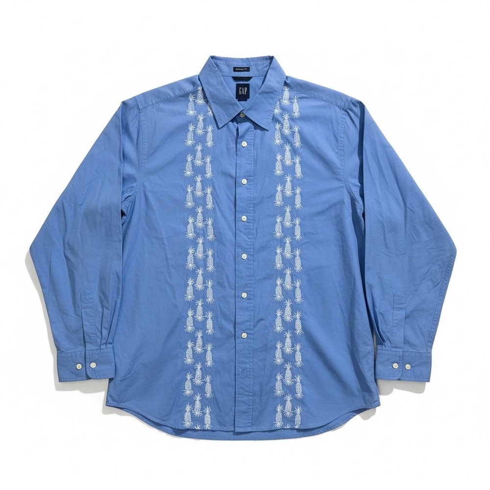 GAP Mens XXL Classic Fit Blue Pineapple Embroidered Button Down Shirt‎